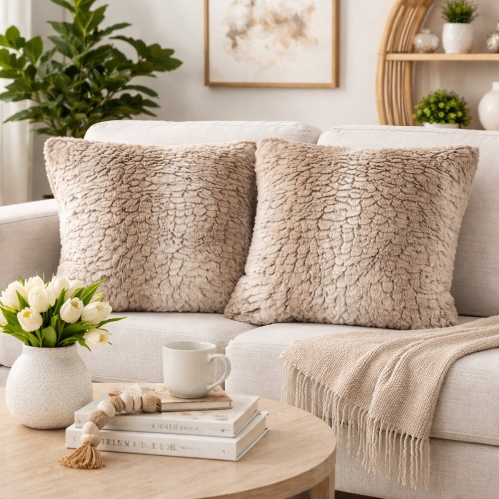 Set of  2 Natural Faux Fur 18" Throw Pillows with Inserts